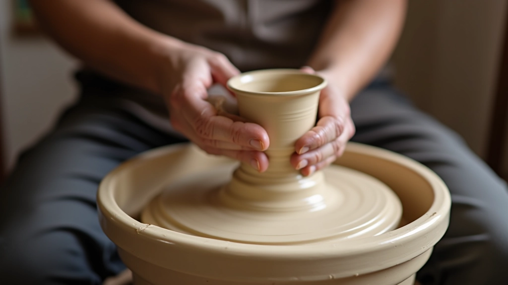 A potter's hands shaping clay on a spinning pottery wheel in a bright Istanbul studio, showing the meditative focus required for wheel throwing