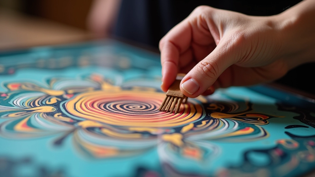 Artist's hand demonstrating marbling technique with wooden comb creating fine line patterns in colorful paint on water