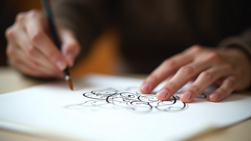 Calligrapher holding brush and practicing Ottoman script on white paper with traditional Turkish designs visible