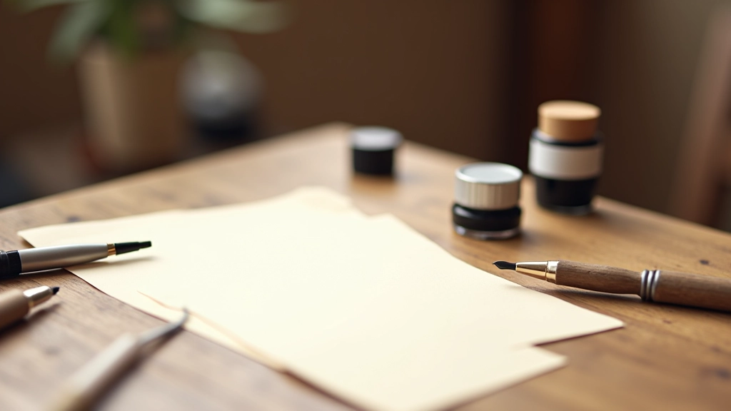 Organized calligraphy workspace with various reed pens, ink bottles, and papers arranged on wooden table