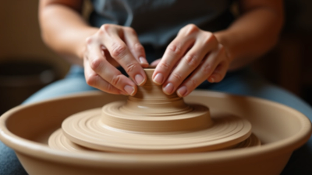 Close-up of potter's hands guiding clay upward on a spinning wheel, water droplets visible, focused concentration on the face