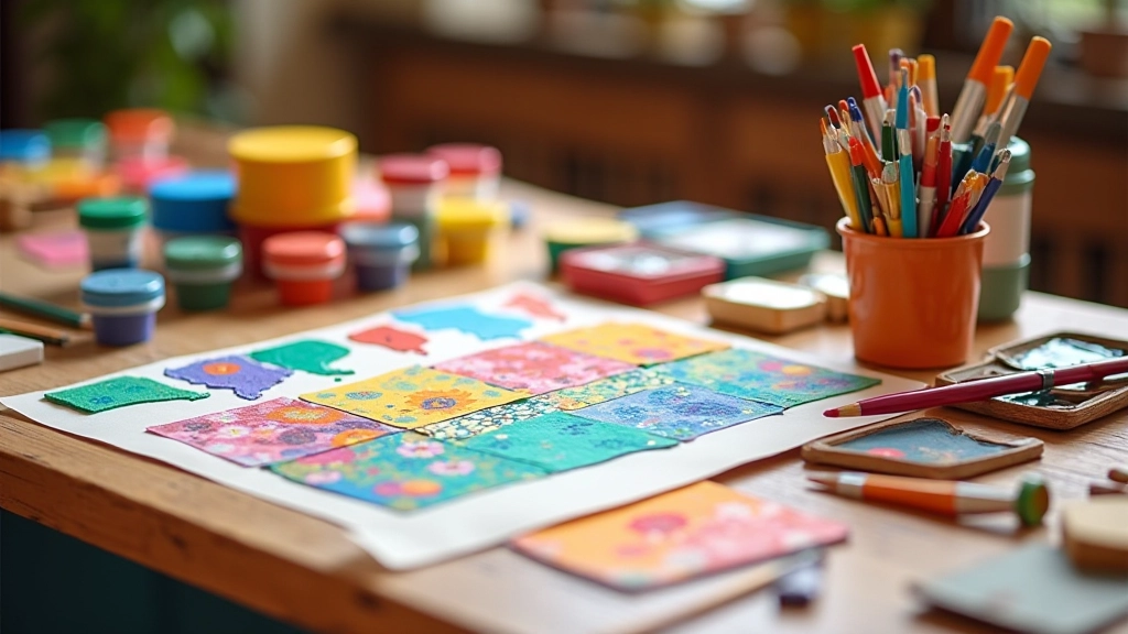 Colorful DIY craft materials arranged on table including paints, brushes, and decorative supplies