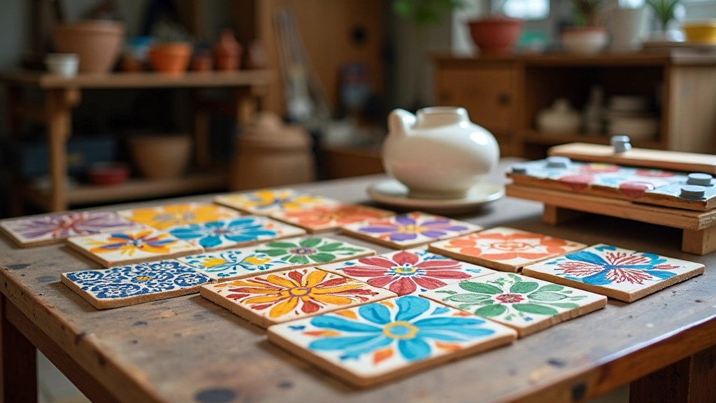 Colorful hand-painted ceramic tiles and craft materials arranged on wooden table in home workspace
