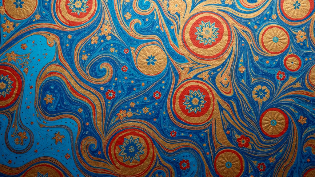 Colorful marbled paper with traditional Turkish ebru patterns in blue, gold, and red swirls