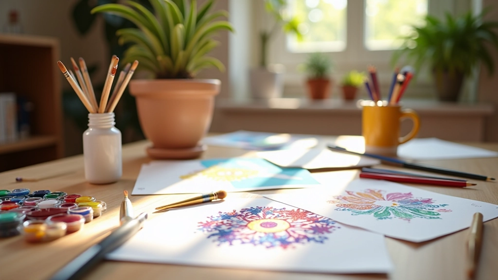 Creative DIY craft projects displayed on wooden table with paint brushes, colorful papers, and decorative materials in bright natural lighting