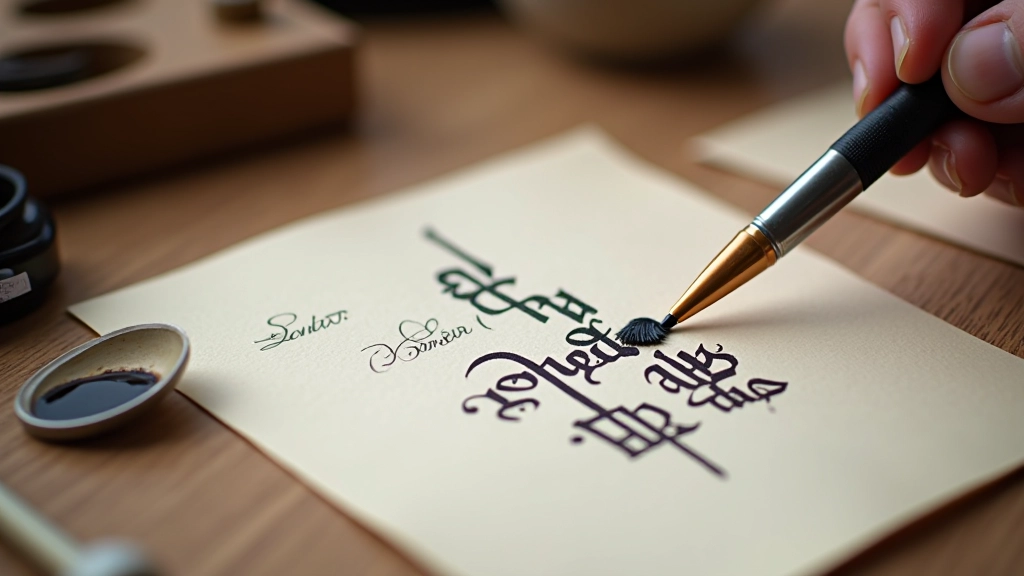 Detailed view of calligraphy ink and brush on traditional Turkish paper with intricate script examples