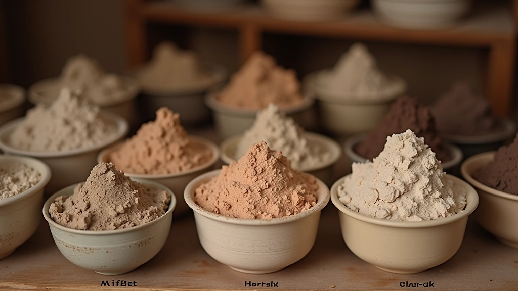 Different clay types in bowls showing earthenware red clay, stoneware gray clay, and white porcelain, labeled and arranged on a pottery studio shelf