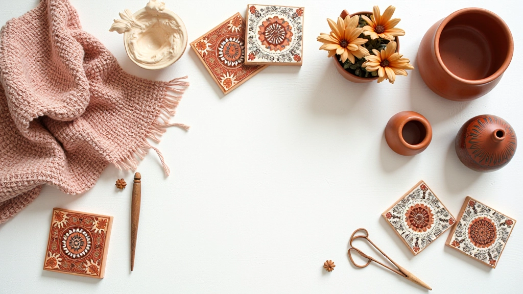 Finished DIY Turkish-inspired craft projects including hand-painted ceramic tiles, woven textile, and decorative pottery arranged on white surface