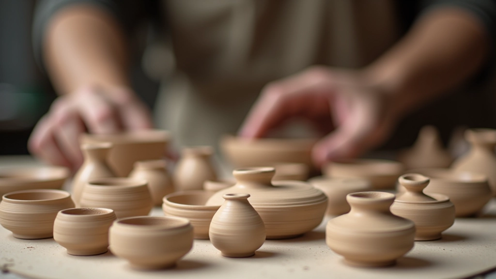 Array of hand-built pottery pieces showing pinch pots, coil bowls, and slab work in various earth tones arranged on wooden shelf