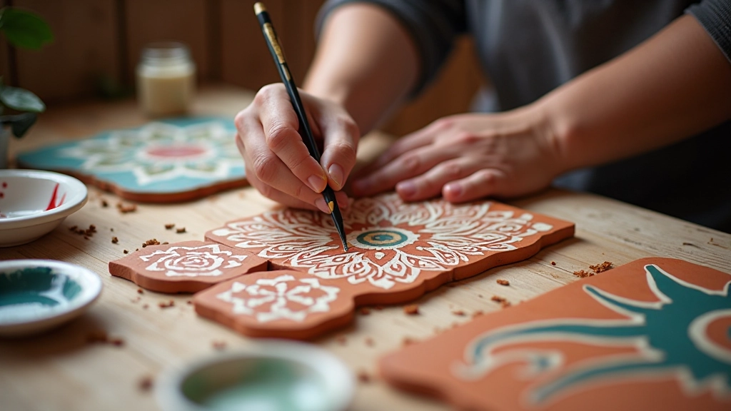 Hand painting decorative geometric patterns on terracotta tiles with acrylic paint, artist's workspace with paint palette and brushes, bright studio lighting