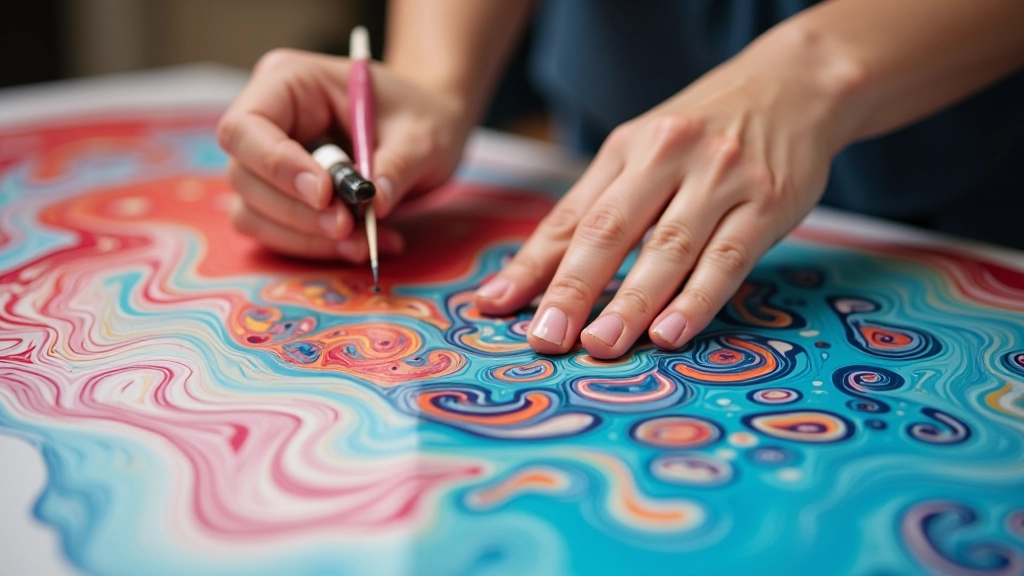 Hands creating beautiful marbled patterns on water surface with vibrant paint colors blending together