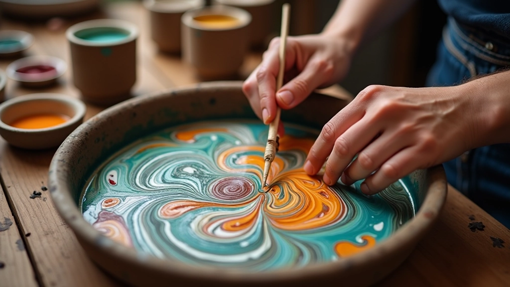 Detailed view of hands creating traditional Turkish marbling art