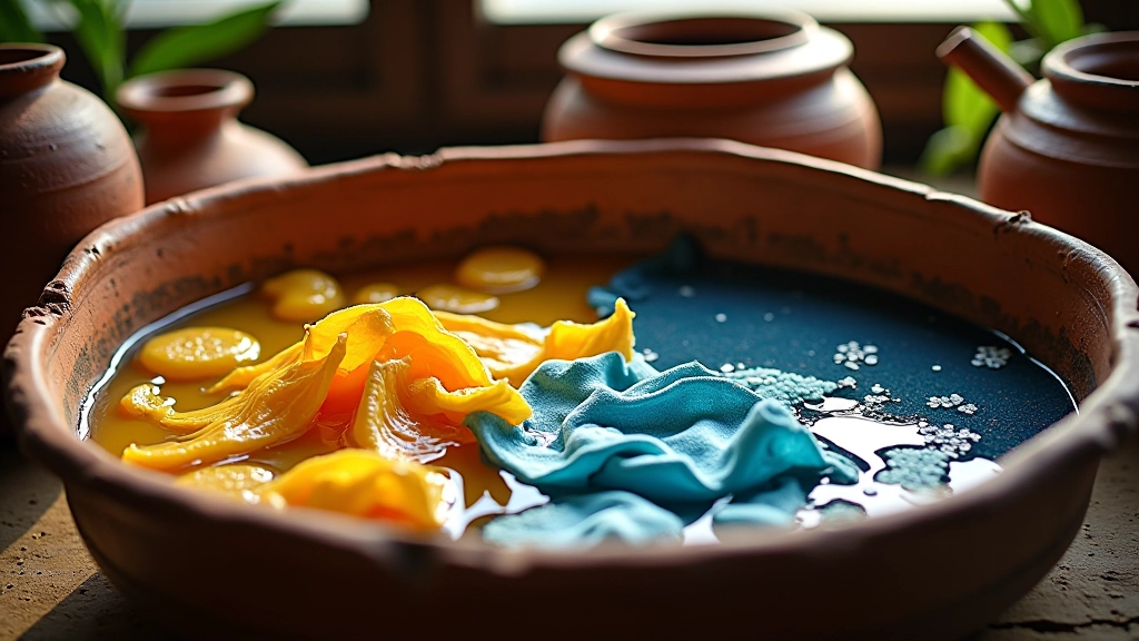 Natural plant materials and fabric pieces soaking in warm dye water with deep amber and indigo colors, rustic pottery bowls, natural window lighting