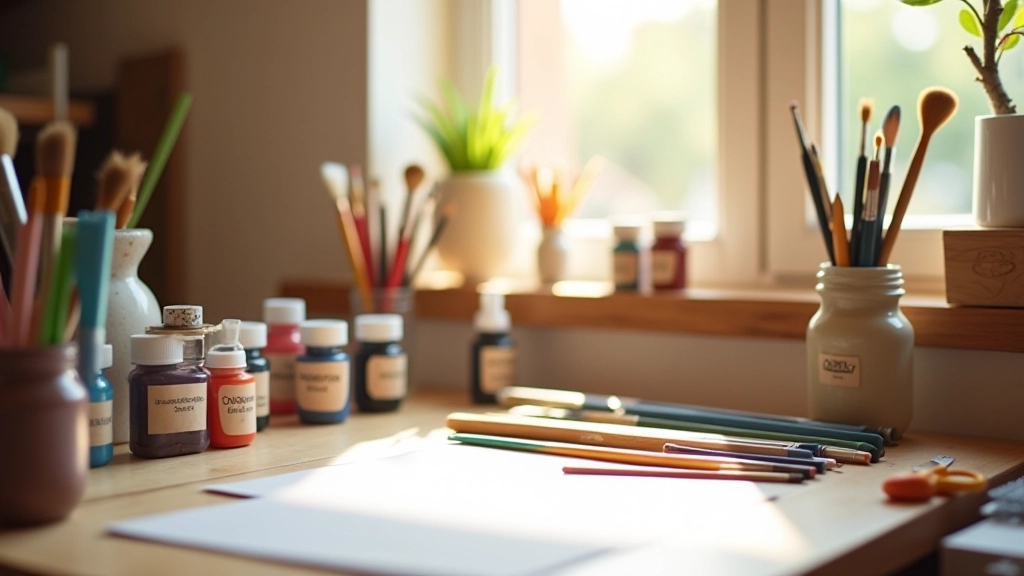 Organized craft workspace with labeled containers, brushes in jars, paint tubes arranged by color, scissors, and natural light from window illuminating the setup