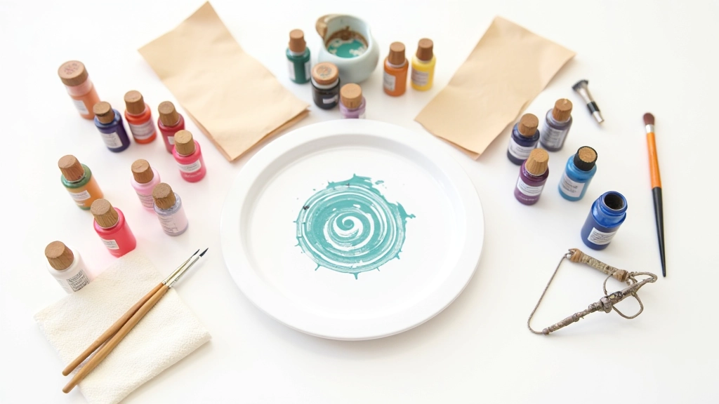 Organized marbling art supplies including paint bottles, brushes, paper sheets, and shallow water container arranged on white surface