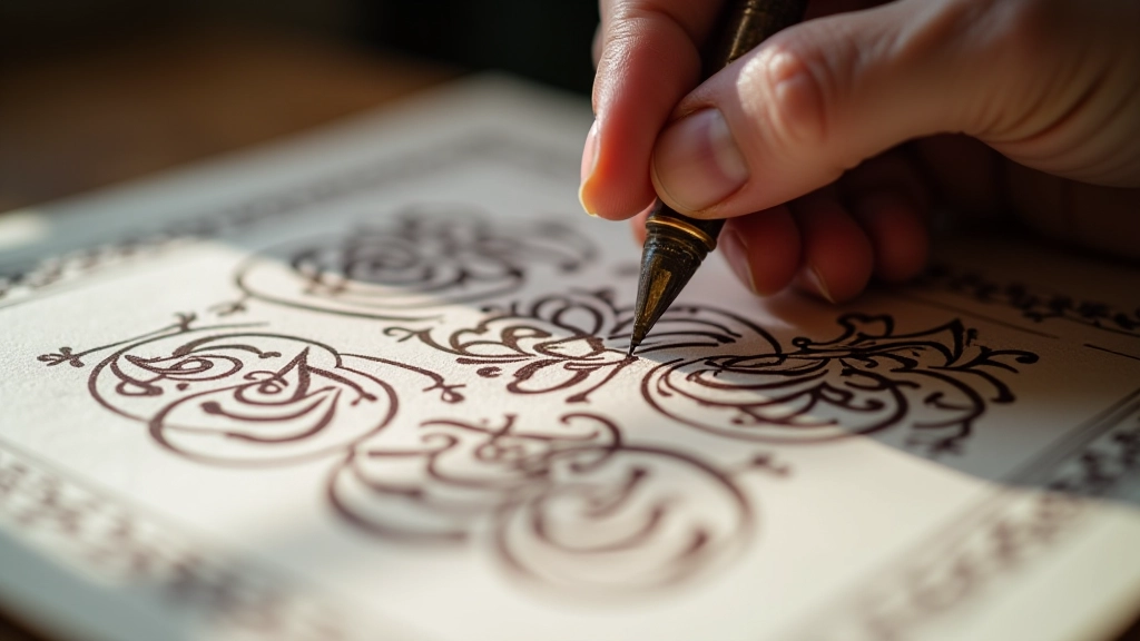 Close-up of ornate Ottoman calligraphy written with traditional reed pen showing intricate Islamic script patterns