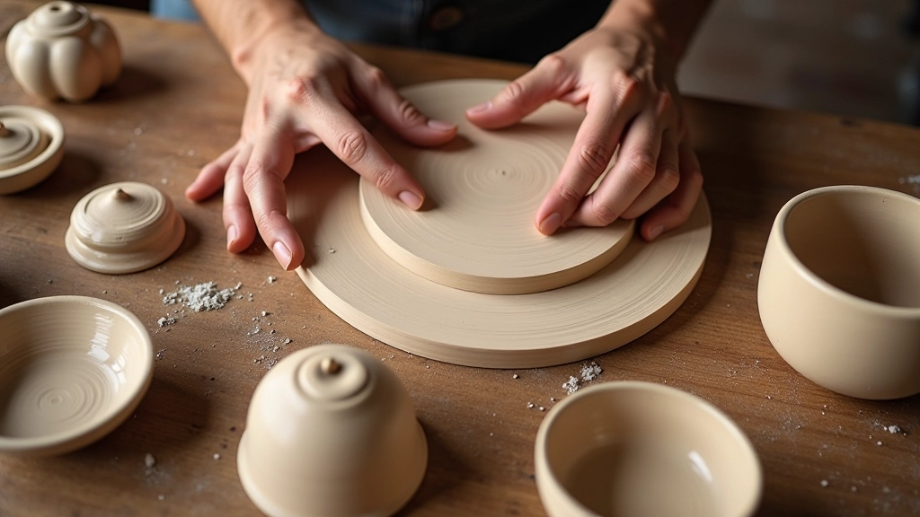 Hands demonstrating hand-building techniques: coiling clay, pinching a small pot, and joining pieces with slip on a wooden work table