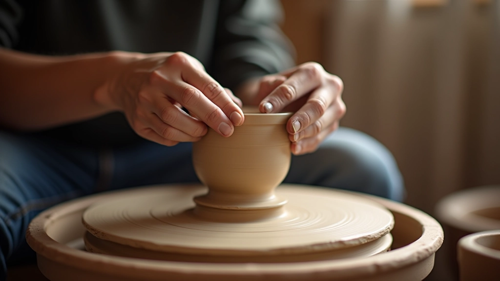 Potter's hands shaping clay on spinning wheel with water spray visible