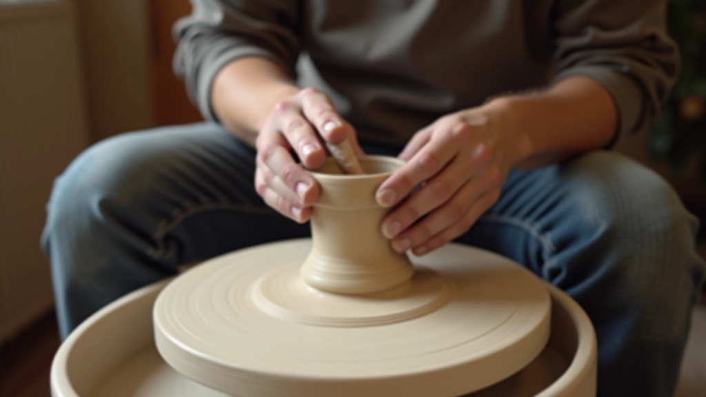 Potter shaping clay on spinning wheel with hands in motion demonstrating wheel throwing technique