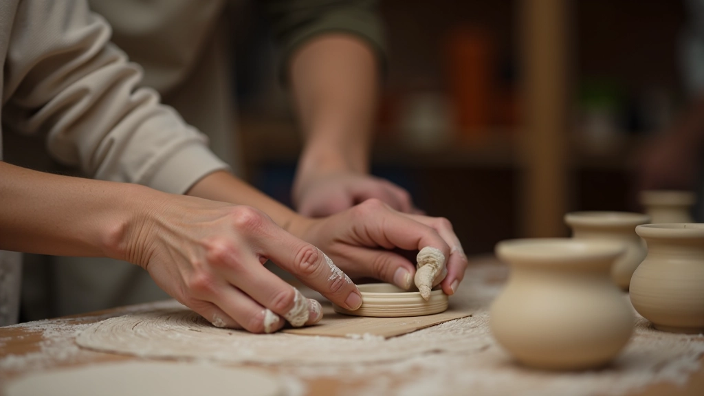 Pottery instructor demonstrating hand-building techniques with clay at workshop table