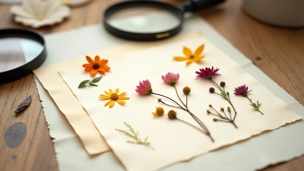 Pressed flowers and dried botanical specimens arranged on cream-colored archival paper, glass frame nearby, natural daylight, delicate composition with magnifying glass