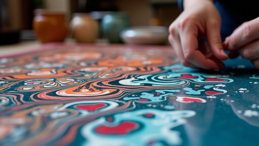 Traditional marbling art demonstrating intricate patterns created by floating paints on water surface