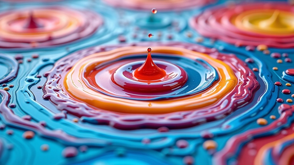 Close-up of vibrant paint drops creating concentric rings on thickened water surface with swirling patterns