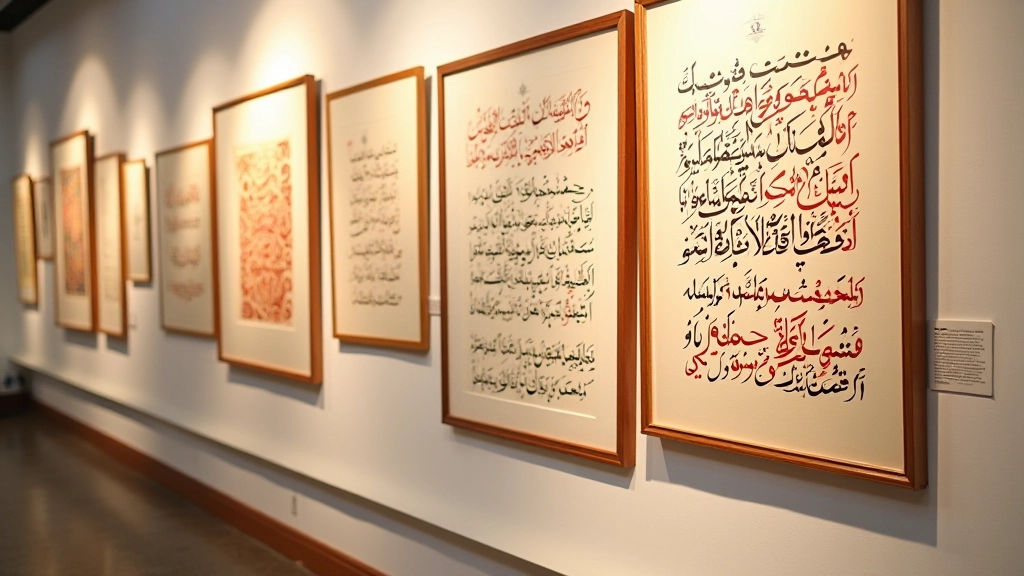 Gallery display of Turkish calligraphy and marbling artwork